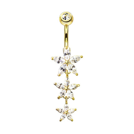 Triple Flower Cascade Jewelled Dangle Plated Fashion Navel. In Silver, Gold and Rose Gold