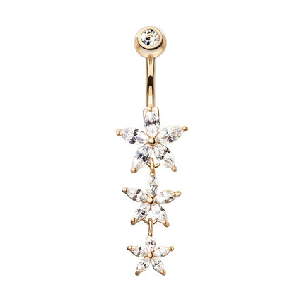 Triple Flower Cascade Jewelled Dangle Plated Fashion Navel. In Silver, Gold and Rose Gold