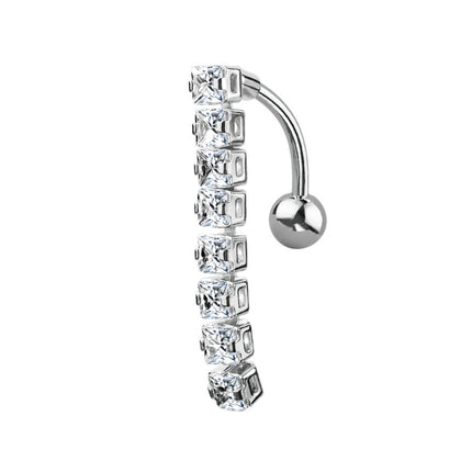Square Vertical Drop Jewelled Dangle Plated Fashion Navel in Silver, Gold and Rose Gold