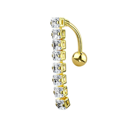 Square Vertical Drop Jewelled Dangle Plated Fashion Navel in Silver, Gold and Rose Gold
