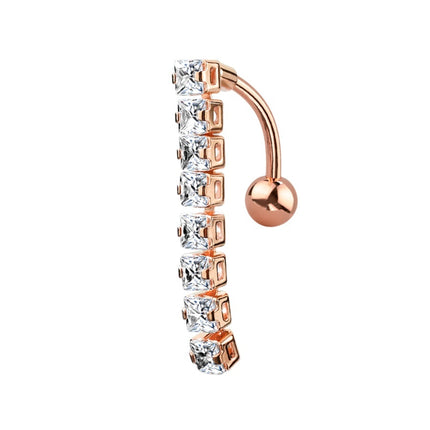 Square Vertical Drop Jewelled Dangle Plated Fashion Navel in Silver, Gold and Rose Gold