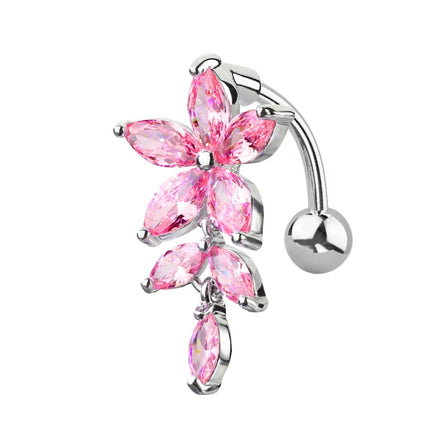 Flower Vertical Drop Jewelled Dangle Plated Fashion Navel. In Clear Crystal, Blue & Pink
