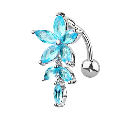 Flower Vertical Drop Jewelled Dangle Plated Fashion Navel. In Clear Crystal, Blue & Pink