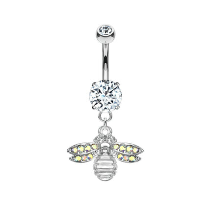 Paved Gem Bee Dangle Plated Fashion Navel in Silver or Gold