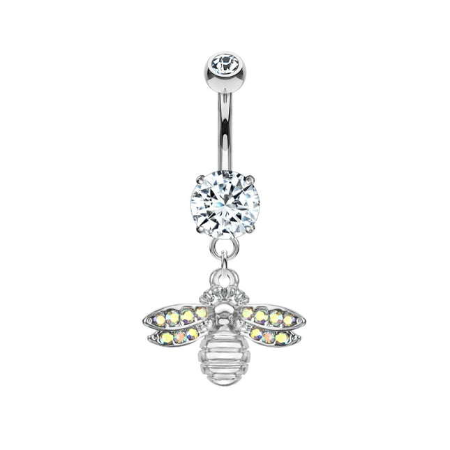 Paved Gem Bee Dangle Plated Fashion Navel in Silver or Gold