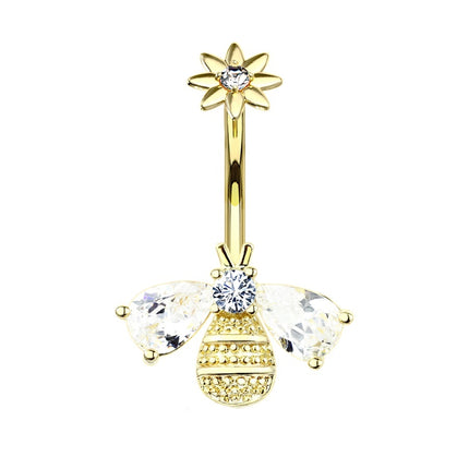 Bee and Flower Internally Threaded Jewelled Gold Plated Fashion Navel