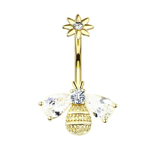 Bee and Flower Internally Threaded Jewelled Gold Plated Fashion Navel