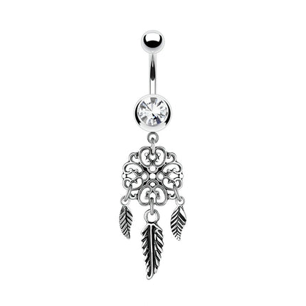 Dream Catcher Filigree Heart and Feathers Dangle Plated Fashion Navel
