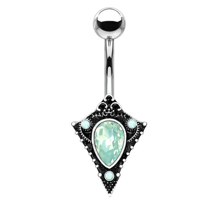 Filigree Pink, Green & White Water Opal Vintage Silver Burnished Plated Fashion Navel