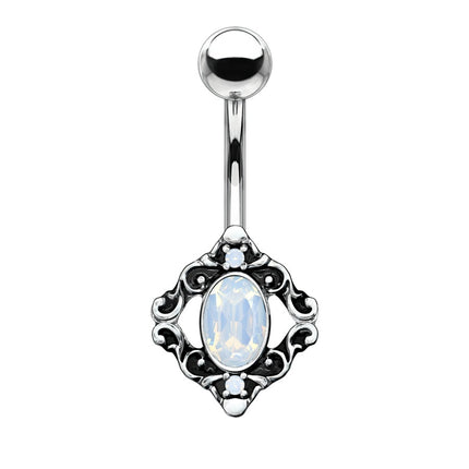 Filigree Pink, Green & White Water Opal Vintage Silver Burnished Plated Fashion Navel