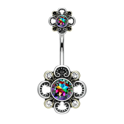 Filigree Flower Vintage Silver Burnished Jewelled Plated Fashion Navel