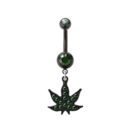 Green Jewelled Marijuana Pot Leaf Dangle Black Plated Fashion Navel