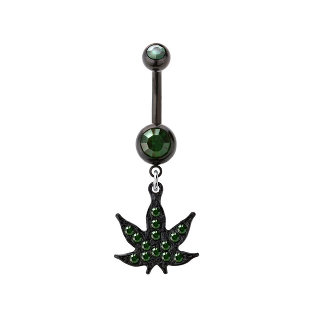 Green Jewelled Marijuana Pot Leaf Dangle Black Plated Fashion Navel