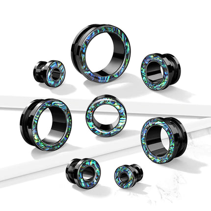 Abalone Rimmed Black PVD over 316L Surgical Steel Scew Fit Tunnel