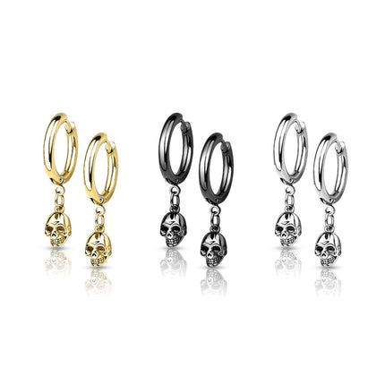 Pair of Skull Dangle 316L Stainless Steel Hoop Earrings