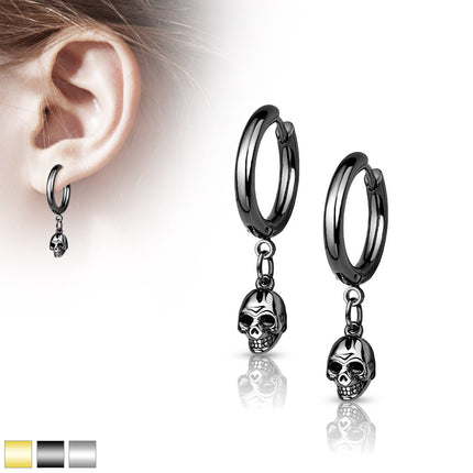 Pair of Skull Dangle 316L Stainless Steel Hoop Earrings