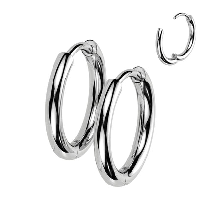 Pair Titanium 2mm Thick Hinged Plain Round Hoop Earrings