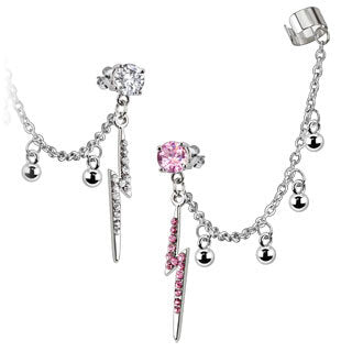 Stud Earring with Chain & Balls with Clear CZ Thunder Bolt Non Piercing Cuff