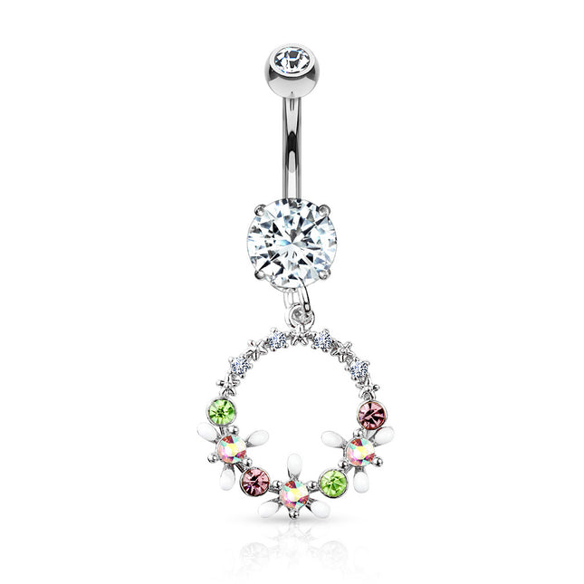 AB Crystal Flowers and Multi Coloured Gems Set Circle Dangle Double Jewelled Navel