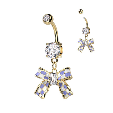 Double CZ Navel With Checkered Ribbon Dangle