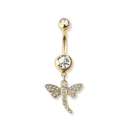 Gem paved dragonfly dangle 316l surgical steel navel ring