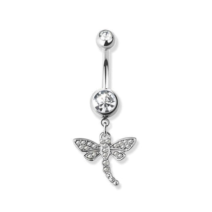Gem paved dragonfly dangle 316l surgical steel navel ring