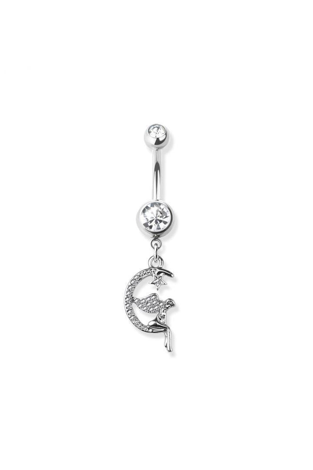 Elstern Gem paved angel on crescent moon dangle 316l surgical steel navel ring