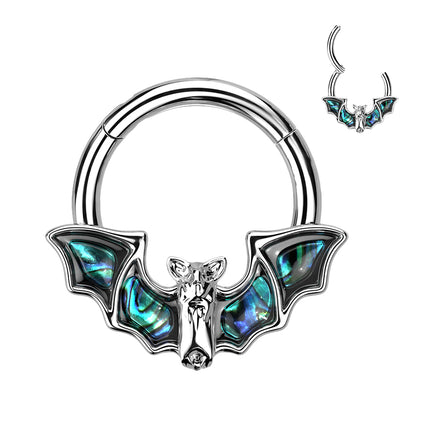 316L Surgical Steel Hinged Segment Ring with Bat and Abalone Shell Wings Black & Silver