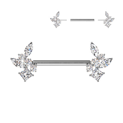 Surgical Steel Threadless Push In Nipple Barbell with Clear Crystal Cluster Ends