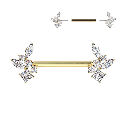 Surgical Steel Threadless Push In Nipple Barbell with Clear Crystal Cluster Ends