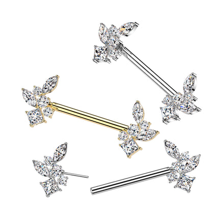 Surgical Steel Threadless Push In Nipple Barbell with Clear Crystal Cluster Ends