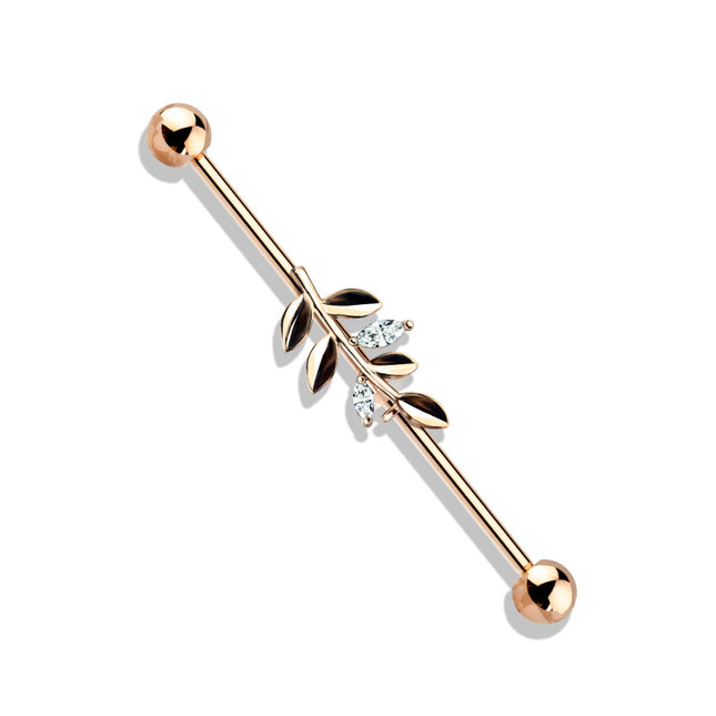 Clear Crystal Set Leaf Industrial Barbell 316L Surgical Steel