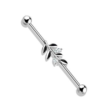 Clear Crystal Set Leaf Industrial Barbell 316L Surgical Steel