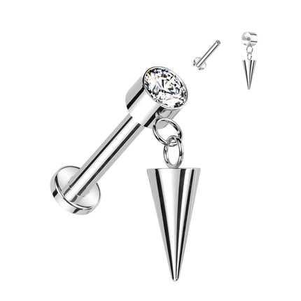 Titanium Internally Threaded Labret With Round Bezel Set Clear Gem and Cone Dangle Top