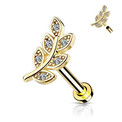 Elstern Clear Crystal Paved Leaf on Internally Threaded Surgical Steel Labret