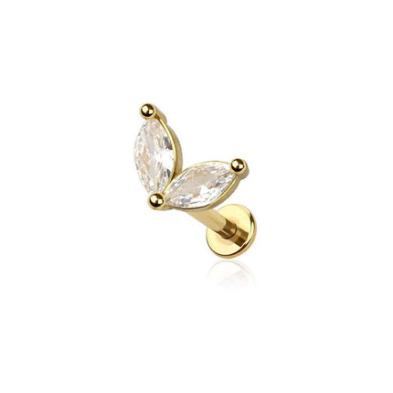 Gold plated CZ prong double marquise gem top 316l surgical steel labret set