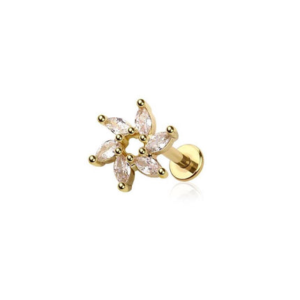 Gold colour CZ prong spiral marquise sun gem top 316l surgical steel labret