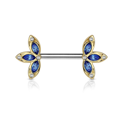 Nipple Barbells With Crystal 3 Petal Flower Ends Blue / Clear, Clear Silver, Pink / Clear Silver & Red / Clear Gold