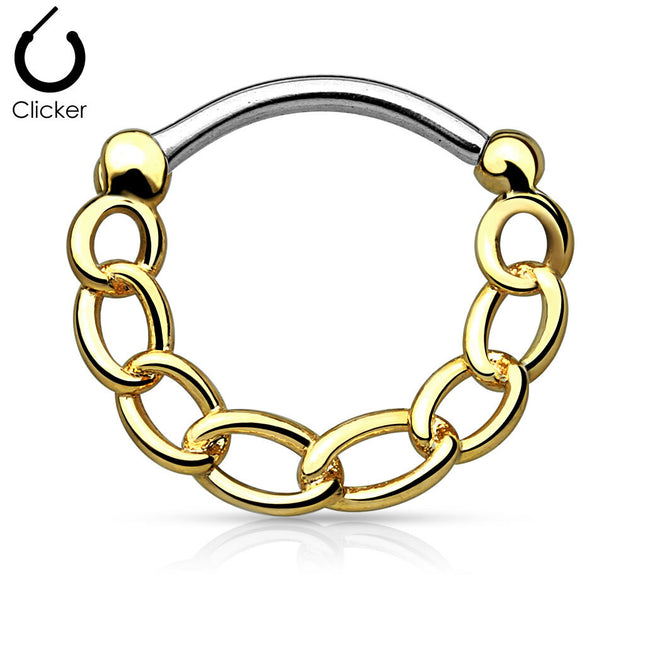 Round Septum Clicker With Linked Chain - In Gold PVD, Silver & Hematite