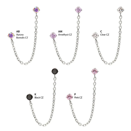 Titanium Threadless Double Prong Set Gem Top with Rolo Chain Dangle
