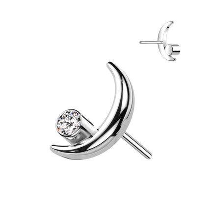 Implant Grade Titanium Threaded Push In Crescent Moon Top With Bezel Set Clear Gem in Silver & Gold