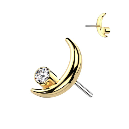 Implant Grade Titanium Threaded Push In Crescent Moon Top With Bezel Set Clear Gem in Silver & Gold