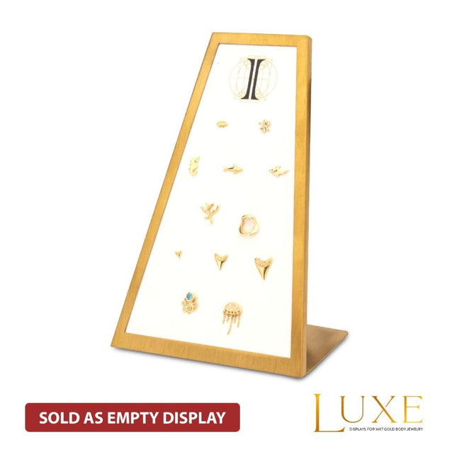 Invictus Satin Brass Frame on White Leatherette with 12-Pin Hole Empty Display for 14Kt Gold Threadless Tops