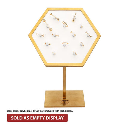 Invictus Satin Brass Hexagonal Frame on White Leatherette with 14-BJ Clip Hole Empty Display Stand for 14Kt Gold Jewelry