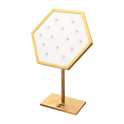 Invictus Satin Brass Hexagonal Frame on White Leatherette with 14-BJ Clip Hole Empty Display Stand for 14Kt Gold Jewelry
