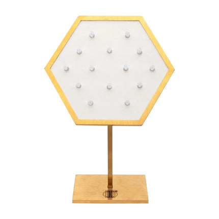 Invictus Satin Brass Hexagonal Frame on White Leatherette with 14-BJ Clip Hole Empty Display Stand for 14Kt Gold Jewelry