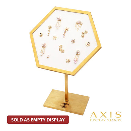 Invictus Satin Brass Hexagonal Frame on White Leatherette with 14-Pin Hole Empty Display Stand for 14Kt Gold Threadless Tops