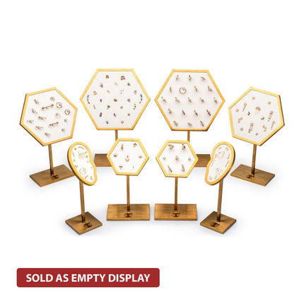 Invictus Satin Brass Hexagonal Frame on White Leatherette with 14-Pin Hole Empty Display Stand for 14Kt Gold Threadless Tops