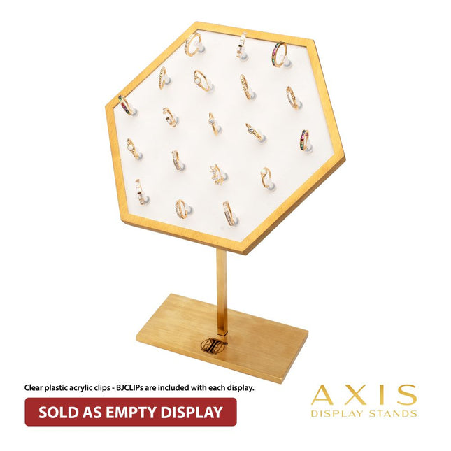 Invictus Satin Brass Hexagonal Frame on White Leatherette with 19-BJ Clip Hole Empty Display Stand for 14Kt Gold Jewelry