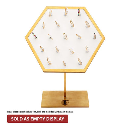 Invictus Satin Brass Hexagonal Frame on White Leatherette with 19-BJ Clip Hole Empty Display Stand for 14Kt Gold Jewelry